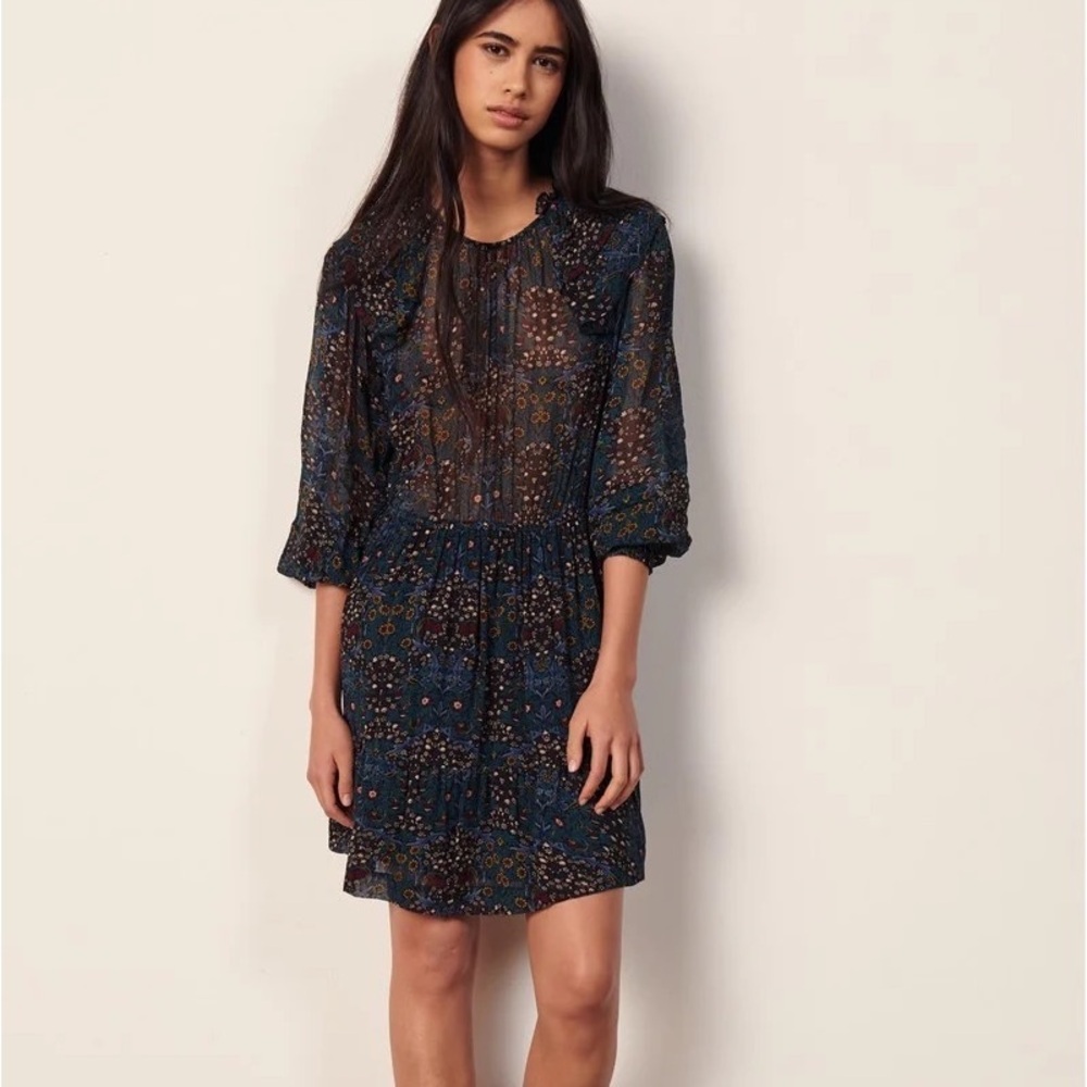 ba&sh Navy Floral Long Sleeve Mini Dress